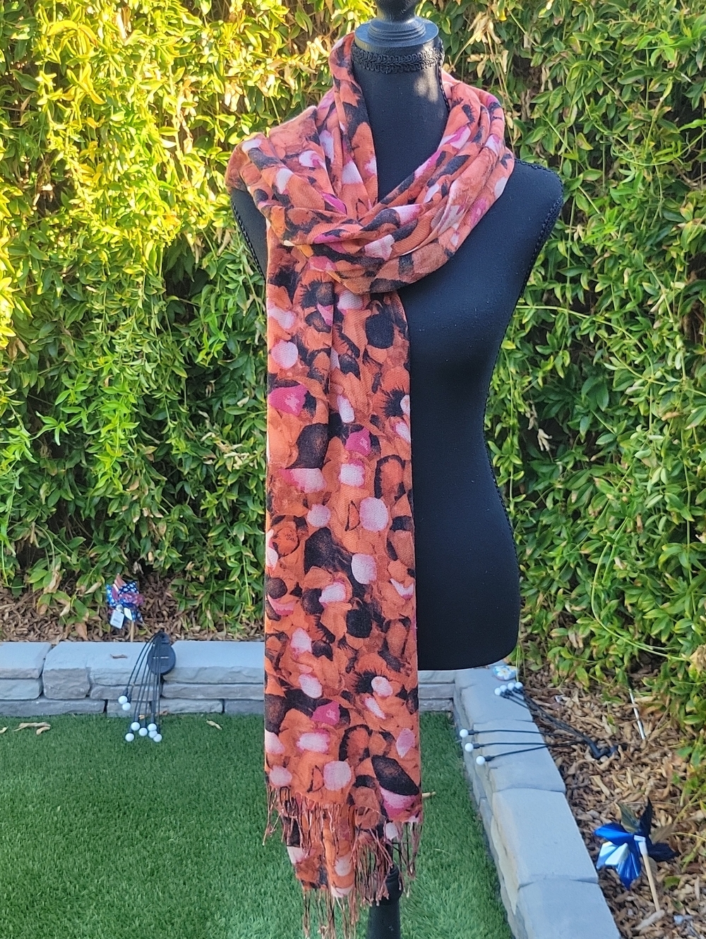 Nordstrom Orange Pink Floral-Print Fringe Scarf